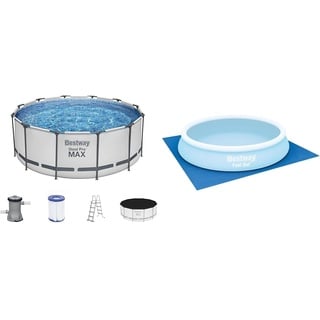 Bestway Steel Pro MAX Frame Pool Komplett-Set mit Filterpumpe Ø 366 x 122 cm, lichtgrau, rund & FlowclearTM quadratische Bodenplane, 396 x 396 cm, für Aufstellpools bis Ø 366 cm, blau