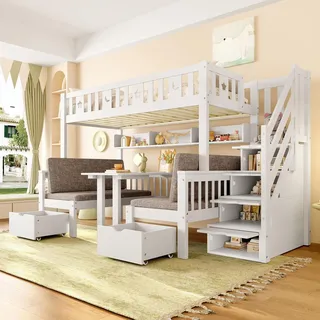 Flieks Etagenbett 90x200cm / 120x200cm mit Schubladen, Kinderbett Hochbett mit Schreibtisch, Stuhl und Sitzkissen, Stockbett Holzbett 2 Kinder, Weiß - Weiß
