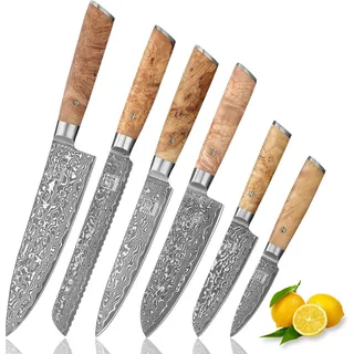 Zayiko Kinone 6er Damastmesser-Set I 8-20 cm Klingen I Wurzelholzgriffe Birke