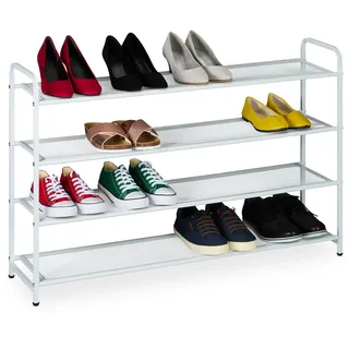 Relaxdays Schuhregal für 16 Paar Schuhe, HxBxT: 65 x 100 x 25,5 cm, Metall Schuhablage, schmal, 4 Ablagen, Flur, weiß
