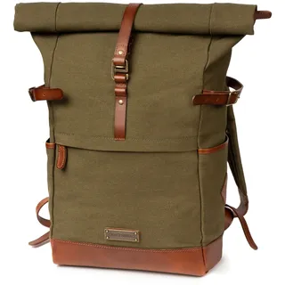 DRAKENSBERG Rolltop Rucksack 'Wyatt' aus Canvas und Leder mit Laptopfach - Vintage-Utility-Design für Damen, Herren, 20-30L - Oliv-Grün, DR00106