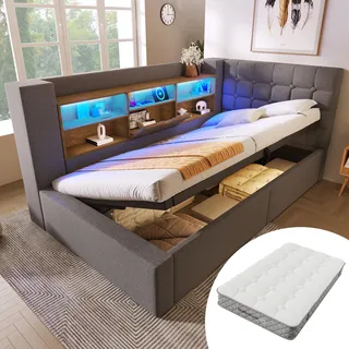okwish L-förmiges Schlafsofa 90x200 Einzelbett mit LED-Beleuchtung und offenen Staufächern an der Rückwand,Jugendbett Daybett mit Bettkasten,Grau (Mit Matratze) - Grau