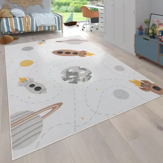 Paco Home Teppich Kinderzimmer Kinderteppich rutschfest Junge Mädchen Baby Spielteppich Rakete Planet Sterne Modern Waschbar Beige Braun Gelb, Grösse:120x160 cm