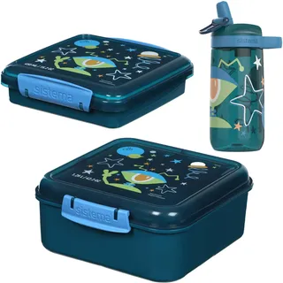 Sistema Expressions Kinder Brotdose & Wasserflaschen-Set | Bento Cube (1,25L), Sandwich Box (450ml) & Easy Sip Flasche (500ml) | Alien Laguna