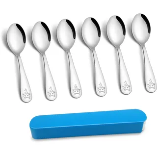 TEAMFAR Kinderbesteck Set, 6 Stück Edelstahl Poliert Kinderlöffel mit Katzen Gravur, Kinder Besteck Set ab 1-3 Jahre, Kleinkinder Löffel Set mit Reise Etui für Jungen & Mädchen, Spülmaschinenfest