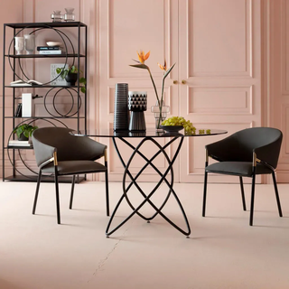 Kare-Design Esstisch , Schwarz , Metall, Glas , rund , C-Form , 120x76x120 cm , Esszimmer, Esstische, Esstische Glas