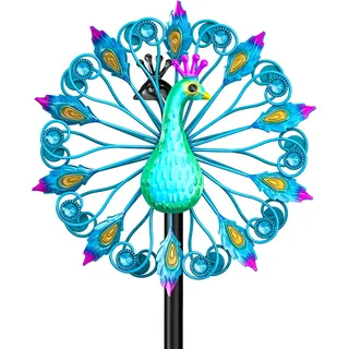 VeyFolzin.st Metall Windrad Garten Dekoration mit Pfau-Design in leuchtenden Farben - Elegante Windspiele für Garten, Rasen und Terrasse, Gartenstecker Windmühle Windspiel Gartendeko