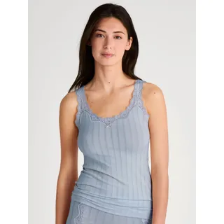 Shirttop CALIDA "Etude Toujours", Damen, Gr. L (48/50), aura blau, Single Jersey, Obermaterial: 95% Baumwolle, 5% Elasthan, figurbetont hüftbedeckend, tiefer V-Ausschnitt, Tops Shirttop, zarte Spitze, Nadelstreifen-Design, Cotton-Mix, elastisch