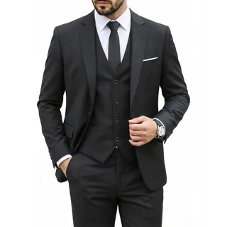 Hihawk Herren 3 Stück Anzug mit Stretch Stoff Solide Slim Fit EIN-Knopf Anzug Blazer Set Jacke Weste Hose mit Krawatte, Schwarz, M