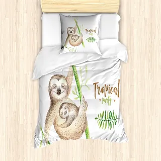 ABAKUHAUS Faultier Mantele, Happy Family Boho Stil, Milbensicher Allergiker geeignet mit Kissenbezügen, 135 cm x 200 cm - 80 x 80 cm, Pale Braun Grün - Grün