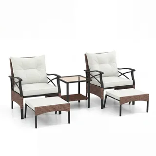 FANTASK 5-teiliges Rattan Gartenmöbel Set, Terrassenmöbel Set inkl. 2 Stühle mit Kissen, Hocker & Tisch, Garten Sitzgruppe, Balkonmöbel für Garten, Balkon, Terrasse (Braun + Beige)