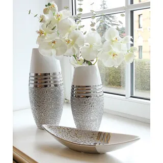 GILDE Vase, "St. Louis", gestreift, Keramik, silberfarben, weiß, , L. 15,5 cm, B