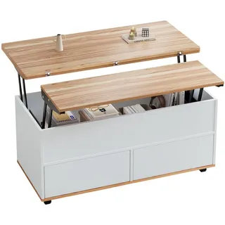 Redom Couchtisch 100/98/65 cm höhenverstellbar mit hydraulischen Tischplatten, Stauraum und Rollen, Spanplatte, Weiß/Naturholz , Holzwerkstoff , 98x65x100 cm , Wohnzimmer, Wohnzimmertische, Couchtische