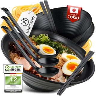 LunchHero® Ramen Schüssel Set - Ramen Bowl Schüssel 1000ml aus Melamin - Ramen Set Geschirr mit großer Suppenschüssel - Japanisches Geschirr Set - Ramen Schale Set mit Rezepte eBook - 3er Set