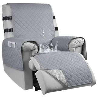 RAPRAP Sesselschoner für Kinder, Hunde, 100% Wasserdicht Relaxsessel Sesselschoner mit Taschen, 1 Sitzer rutschfest Sesselbezug für Fernsehsessel mit 2 Verstellbaren Riemen, Grey A, S