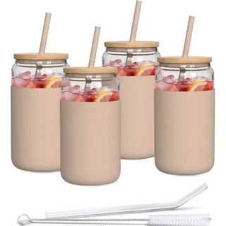 Aquafloow Trinkglas mit Strohhalm und Deckel 500ml | Gläser mit Silikonhülle | Trinkgläser set inclus 2x Strohhalme und 1x Reinigungsstab | für Tee, Smoothie Kaffee-4 Stück- Beige