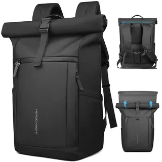 hk 20-27L Einfaches Design Rolltop Rucksack Herren Damen, Rucksack mit 17 Zoll laptopfach, wasserabweisender diebstahlsicherer reiserucksack, für Büro, Hochschule, Pendel– Schwarz