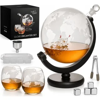 Oak & Steel - XL Premium Globus Whisky Dekanter Set mit Weltkarte, 1500ml - Karaffe mit 2 Gläser, 4 Whiskey Steine & Mehr - Geschenkset für Weihnachten