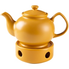 Baroni Home Teekanne aus Keramik mit Heizung, Teekanne mit Edelstahlfilter für Tee und Kaffee, 25 x 15 x 15 cm - 1000 ml, 3-4 Personen gelb