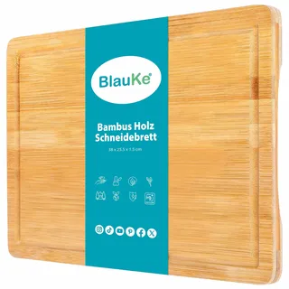 BlauKe® Schneidebrett aus Holz mit Saftrille (38x25cm) – Bambus Küchenbrett, Servierplatte für Fleisch, Käse, Gemüse, Wurst – Holzbrett für Küche Groß, Brotbrett, Frühstücksbrettchen aus Holz