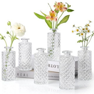 ComSaf Vase Klein Set, 6 Stück, Glasvase, Diamant Knospenvasen, Mini Vasen, Kleine Glasvasen für Tischdeko, Teelichtgläser, Windlicht Glas, Kerzengläser, Hochzeitsdeko, Deko Vasen Set, Transparent