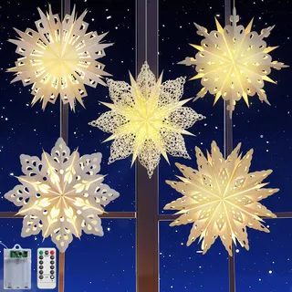 Lewondr Weihnachtsstern Beleuchtet 5 Stück,Papiersterne Weihnachten,3D LED Stern Fenster Aufhängen mit Fernbedienung,Weihnachtsdeko Papierstern für Weihnachts Deko Innen Weiß