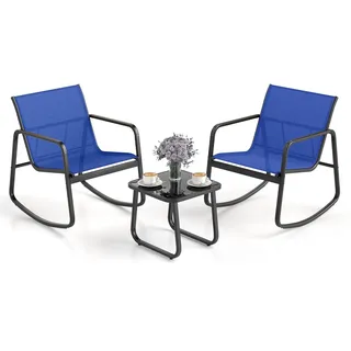 COSTWAY 3-tlg. Gartenmöbel Set, Balkonmöbel mit 2 Stühle, Tisch & sanfter Schaukelbewegung, Terrassenmöbel, Gartengarnitur, Sitzgruppe Blau - Blau