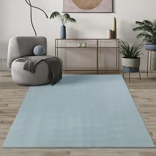 Mia's Teppiche Comfort Moderner Flauschiger Kurzflor Teppich, Anti-Rutsch Unterseite, Waschbar bis 30 Grad, Super Soft, Felloptik, Blau, 120 cm Rund