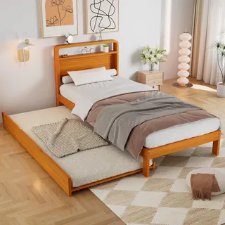 Merax Holzbett Kinderbett 90x200cm mit Ausziehbett 90x190cm, Gästebett mit abgerundetes Kopfteil, links/rechts montierbar, Funktionsbett, Natur - Naturbelassen