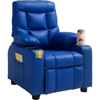 Vevor Kindersofa mit Getränkehaltern und Seitentaschen, Kindersessel mit 107° bis 126° Verstellbarer Rückenlehne & Fußstütze, Liegesessel aus PU-Leder mit Fußstütze, Geeignet für Kinder (Blau)