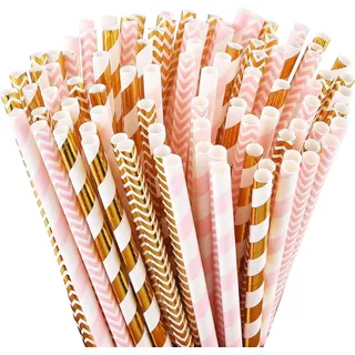 ALINK 100 Stück Papierstrohhalme Rosa Gold, 20 cm Trinkhalme Papier mit Streifen und Zickzack Muster, Lebensmittelecht, für Party, Geburtstag, Hochzeit, Picknick und Feierlichkeiten