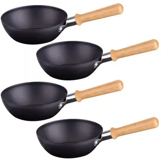 4x Syntrox Universal Wok Grill Pfännchen mit Bambus Griff - Schwarz