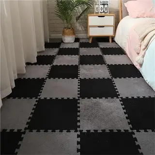 16-teilige Schutz-Plüschmatte, ineinandergreifende Teppichfliesen, Puzzle-Teppich for Wohnzimmer-Schlafzimmer-Dekoration(Black Grey)