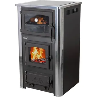 Kaminofen mit Backfach und Herdplatte mit Glaskeramik ABC Concept 2 Air Mini Mehrfachbelegung Holzofen 10 kW Kamin Ofen Holz Werkstattofen Hüttenofen - Schwarz, Silber