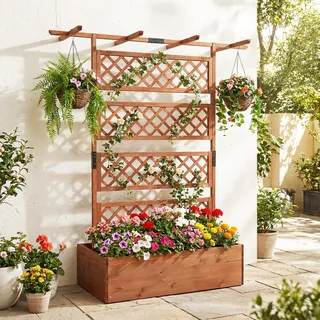 FANTASK Hochbeet mit Rankengitter, 100 x 55 x 183cm, Blumenkasten mit Spalier & Entwässerungslöchern, Pflanzbeet mit Sichtschutz, Pflanzkasten für Kletterpflanzen