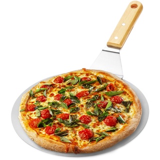 com-four® Pizzaschaufel aus rostfreiem Edelstahl - Pizza- und Kuchenheber mit Holzgriff - Runder Pizzaschieber für Pizza, Flammkuchen und Brot (braun/silberfarben - rund)