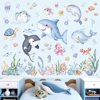 wondever Wandtattoo Unterwasserwelt Fisch Wandaufkleber Unter dem Meer Ozean Wale Hai Meerestiere Seetang Wandsticker Wanddeko für Babyzimmer Kinderzimmer Badezimmer