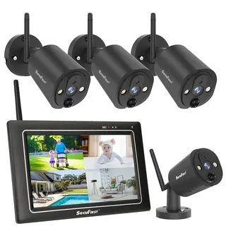 SecuFirst 2K Überwachungskamera Aussen NVR Set mit Monitor | Arbeiten ohne WLAN,4X Außen Kameras Videoüberwachung +7 Zoll Touchscreen NVR Bildschrim,64 GB SD-Karte,mit AI Bewegungsmelder