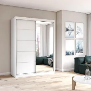Schwebetürenschrank Kleiderschrank 150 cm Weiß/Weiß mit Spiegel - Vista 05 - Weiß