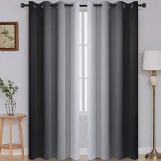 SimpleHome Ombré-Verdunkelungsvorhänge, Farbverlauf Schwarz zu Grau-Weiß, lichtblockierend, wärmeisolierend, Ösen, für Schlaf- und Wohnzimmer, 2 Bahnen, ca. 130 cm x 215 cm Länge