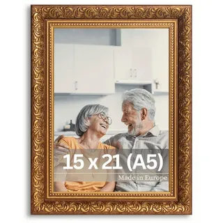 Victor Vintage Bilderrahmen „Rubens“ in 15x21 cm (A5) Braun Gold - Leiste: 30x20mm - Echtglas - Fotorahmen Barock - Antik - Bilderrahmen 15x21 Vintage - Fotorahmen A5