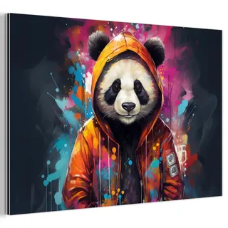 MuchoWow Metallbild Panda - Jacke - Graffiti - Orange Wanddeko 90x60 cm , Metall , Rechteckig , 90x60 cm , einfache und schnelle Anbringung , Bilder & Rahmen, Bilder, Holz & Metallbilder