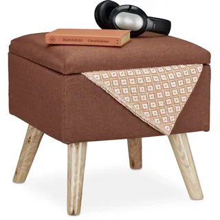 Relaxdays Hocker mit Stauraum, Kunstleinen-Bezug, gepolstert, Holzbeine, Fußhocker mit Deckel, HBT: 40x40x40 cm, braun