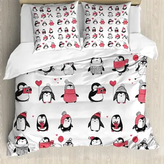 ABAKUHAUS Winter Bettbezug Set, Pinguine Zeichendarstellung als mit Hütchen geschehen Pullis Fotoapparat Bild, 155 x 220 cm + 80 x 80 cm, Dunkle Koralle Weiß Schwarz