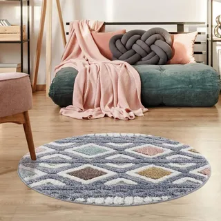 Hochflor-Teppich CARPET CITY "Focus 3382", bunt (mehrfarbig), H:20mm Ø:120cm, Polypropylen, Teppiche, Hochflor-Teppich, Boho-Teppich, Hochtief-Muster/ 3D-Effekt, für Wohnzimmer, Schlafzimmer