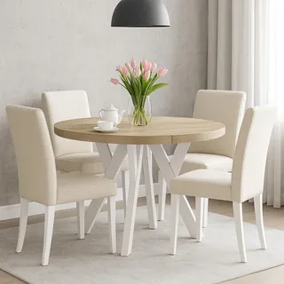 Runder Ausziehbarer Tisch für Esszimmer, PERO, Loft-Stil, Skandinavische, Durchmesser: 110 / 160 cm, Farbe: Eiche Sonoma / Weiss - Beige