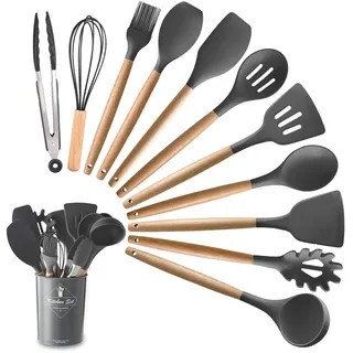 TEMPO DI SALDI Set von 11 Küchenutensilien aus hitzebeständigem Silikon mit Holzgriff