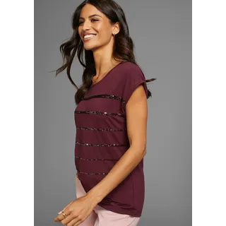 T-Shirt LAURA SCOTT, Damen, Gr. 38, rot (bordeaux, rot), Single Jersey, Obermaterial: 95% Viskose, 5% Elasthan, Glitzerstreifen, gestreift, unifarben, figurumspielend hüftlang, Rundhals, angeschnitten, Shirts T-Shirt, figurumspielende Passform, Rundhalsausschnitt, Topseller