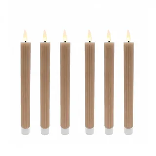 Relaxdays LED Stabkerzen, 6er Set, HxD 25 x 2 cm, flackernde Flamme, Echtwachs, Rillen, flammenlose Kerzen, Mocha-Mousse