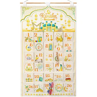 DPKOW 30 Adventskalender zum Befüllen aus Stoff, Ramadan Adventskalender Wandteppich Hängend zum Wand Tür Deko Ramadan Mubarak Kalender Stoffbeutel für Kinder Selbstbefüllen, mit 30 Taschen